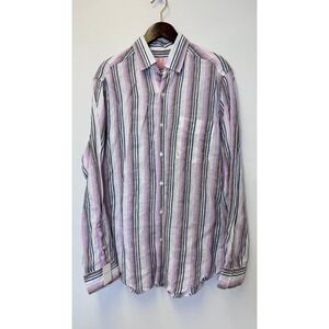 J.McLaughlin Gramercy Stripe‎ Mens Linen Shirt White Denim Pink Brown Small NEW